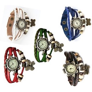 Round Dial Multi Leather Strap Analog Combo Watch For Women.