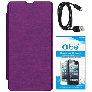 Tbz Flip Cover Case For Microsoft Lumia 535 With Screen Guard And Data Cable -Purple MSL535OGPURSCRDAT