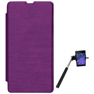 Tbz Flip Cover Case For Microsoft Lumia 535  With Selfie Stick Monopod With Aux -Purple MSL535OGPUR-SELFIE