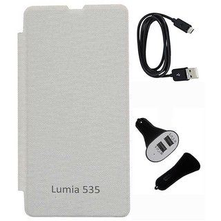 Tbz Flip Cover Case For Microsoft Lumia 535  With Data Cable And Car Charger -White MSL535OGWHTCARDAT