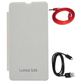 Tbz Flip Cover Case For Microsoft Lumia 535 With Data Cable And Aux Cable -White MSL535OGWHTDATAUX