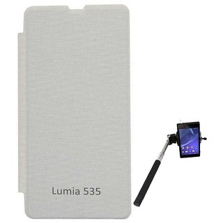 Tbz Flip Cover Case For Microsoft Lumia 535  With Selfie Stick Monopod With Aux -White MSL535OGWHT-SELFIE