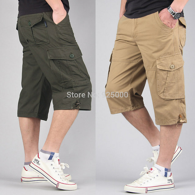100% Cotton Below Knee Length 3/4 Long Shorts Men's Tactical Capri Pants  Multi Pocket Summer Twill Work Cargo Pants Man
