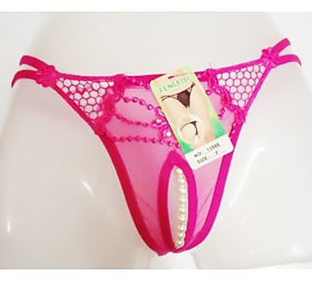 BRIDAL FINE QUALITY FULL DARK PINK NET PANTY THONG WITH PEARLS