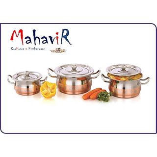 Mahavir Fruit & Nuts Design Copper Cook & Serve Cookware Set (3 Pcs)