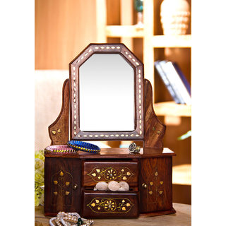 Wood Carving Small Dressing Mirror With Brass Inlay Work
