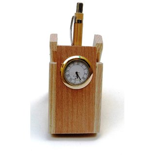 Wooden Pen Stand With Watch For Office Table Gift Item