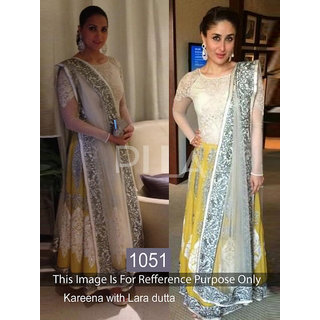 Charming Kareena Kapoor Alluring Yellow And Cream Floral Design Party Wear Gown Georgette semistiched party wear salwar kameez.