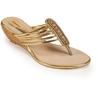 Khadims Womens Gold Slip-on Wedge Sandals