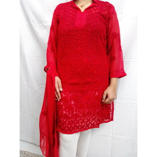 Red Georgette Chikan Kurti Size 40 At Best Prices Shopclues Online Shopping Store Thechikanlabel pure cotton kurti lucknawi chikankari anarkali ghaas patti kurta. red georgette chikan kurti size 40