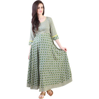 Libas Grey Green Cotton Anarkali Kurti For Women