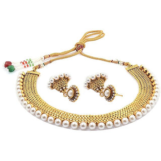 penny jewels Golden Alloy Traditional Gold Plated Necklace Set with earrings