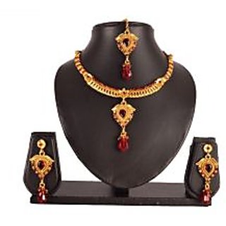 Designer Gold Plated Studded AD Stone Kundan Necklace Earring Tika Set (MJ0158)