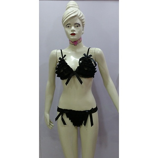 Sheer Bra Panty Set Hot 2pc Transparent Frilly Bra Thong fun Bed room Neon  Black Lounge Dress New