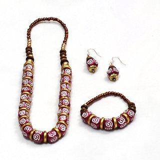 Maroon And Golden Ceramic Beaded Jewellery Set