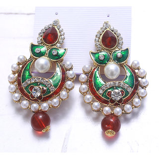 Girls Jewellery Green Red Royal Designer Gold Plated Traditional Kundan Earrings