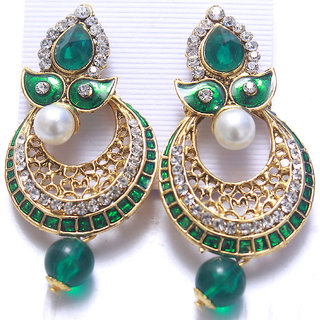 Jewellery Royal Designer Gold Plated Green Pearl Traditional Kundan Earrings