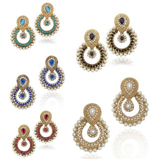 Women Jewellery Royal Designer Gold Plated Multi Color Pearl Traditional Earrings(set Of 5)