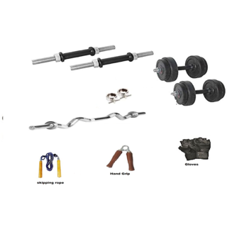 RMC RUBBER HOME GYM SET (10 Kg Rubber Plates +1 Pair Dumbel Rod + Free Gloves +free Skiping Rope + 1 Pc Hand Grip + 3 FT EZ CURL BAR + Locks)