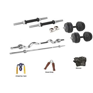 RMC RUBBER HOME GYM SET BISECPS AND TRICEPS SET (24 Kg Rubber Plates +1 Pair Dumbel Rod + Free Gloves +free Skiping Rope + 1 Pc Hand Grip + 3 FT EZ CURL BAR + 5ft BAR + Locks)