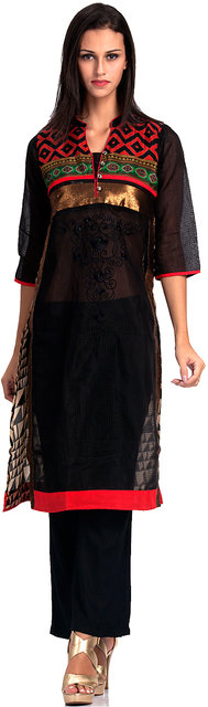 Buy Basil Leaf Straight Fit Black Crepe Printed Kurti For Women