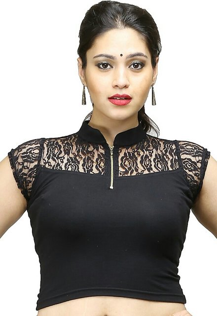 Buy Sequence black net blouse with short sleeve,back key hole,coller with  front zip,both side 1.5 inch extra mergine Online @ ₹1899 from ShopClues