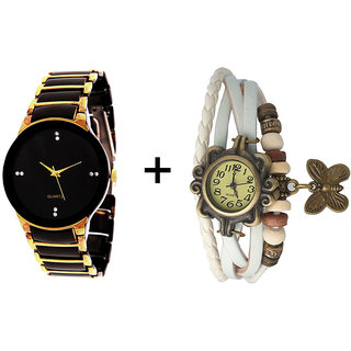 Gtc Combo Of Black Golden Quartz Analog Watch For Man With White Designer Leather Analog Watch For Woman
