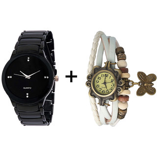 Gtc Combo Of Black Quartz Analog Watch For Man With White Designer Leather Analog Watch For Woman