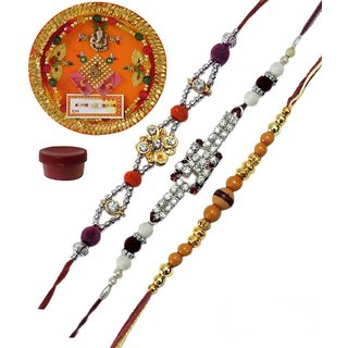 Buy Color-Coordinated Fancy AD Rakhi Set of 3 with Rakhi Thali Online ...