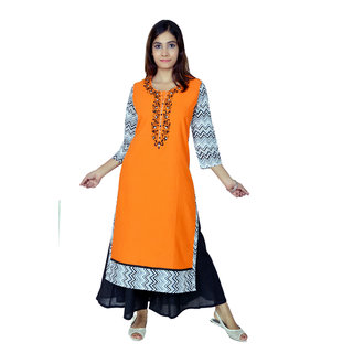 Saksh orangewhite Colour Embrodery Cotton Casual wear kurti for women