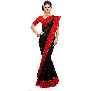 red and black designer saree