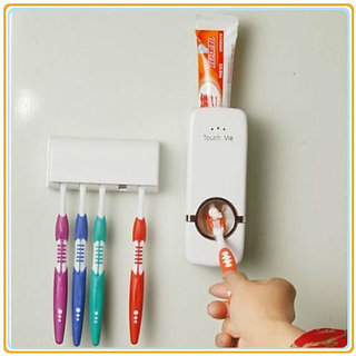                       White Automatic Toothpaste Dispenser 5 Toothbrush Holder Set Wall Mount Stand                                              