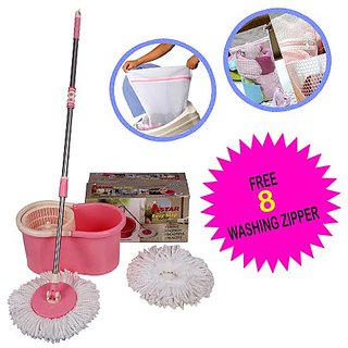 360 Rotating Spin Magic Mop & Bucket (Pink ) With 2 Microfiber Mop Heads And Hand Gloves Set Of 4