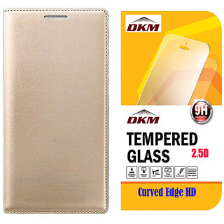 Golden Leather Flip Cover for Lenovo Vibe K5 Plus with 25D HD Tempered Glass