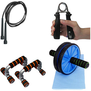 Mor Sporting Combo of Black Slim Skipping rope, Counter power hand grip, Anti slip foldable Push up bar and Ab wheel Max