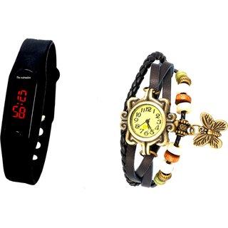 TRUE CHOICE Black Leather And Slim Led Combo Watch Special Offer