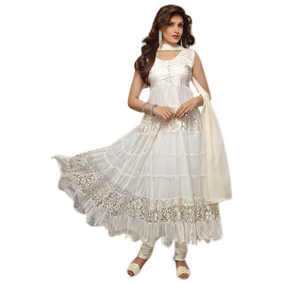 Khodiyar Creation Womens White Anarkali Net  Brasso Party  Wedding Dress Material
