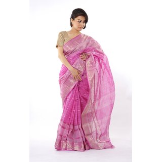 Buy Sanchari Pink White Hand Woven Ethnic Embroidered Cotton Saree Online 1050 from ShopClues