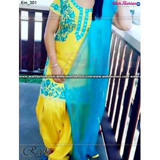 Buy Mesmeric Yellow And Sky Blue Embroidered Punjabi Suit Online