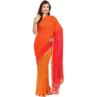 Red And Orange Printed Faux Georgette Saree