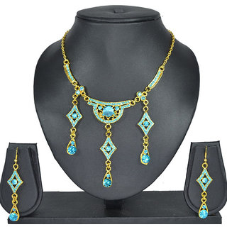 Aakshi Indian Costume Sea Blue Tone Jewellery Set With Gold Tone Chain