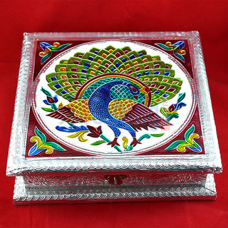 Buy Silver Handicraft Dry Fruit Box With Peacock Meenakari