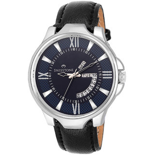 Swisstone WHT105-BLU-BLK Day And Date Blue Dial Black Leather Strap Watch For Men/Boys