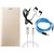 MuditMobi Leather Flip Case Cover With Earphone,Data Cable  Aux Cable For-Lava X12 -Golden