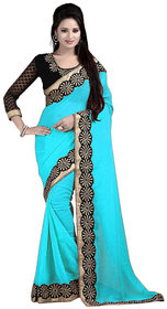 Bhuwal Fashion Turquoise Chiffon Embroidered Saree With Blouse