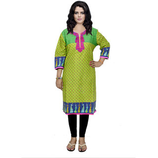 Indistar Women's Pure Cotton Green And Blue Embroidered Kurti