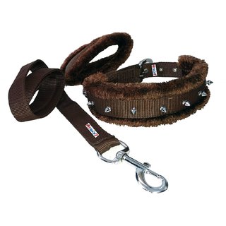 Petshop7 High Quality Spike Dog Collar  Leash Brown - Large- 1.25 Inch