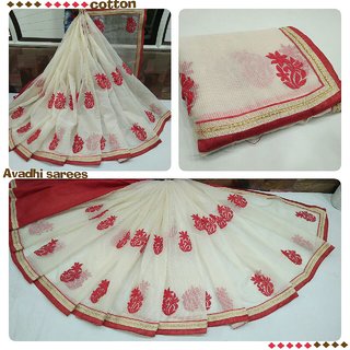 Madhuri Women's Cotton Silk Saree (ZariSareesOff-White)
