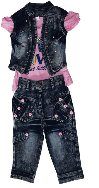 Buy Arshia Fashions Girls Dress Top and Capri with Denim Jacket -  sleeveless - Party wear - Pink Blue Online @ ₹899 from ShopClues