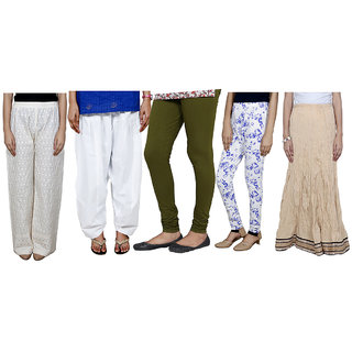IndiWeaves Women Combo Pack offer Chikan Palazzo, Salwar, Legging, Printed Legging, Skirt (Set of 5)